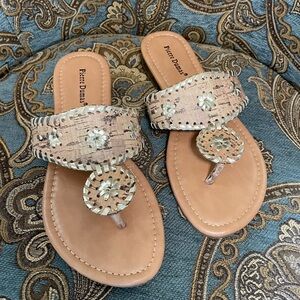 Pierre Dumas Rosetta Cork and Gold Thong Slip On Sandals